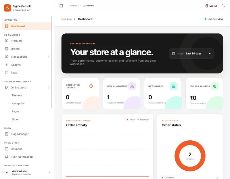 Webmins ecommerce platform - store management dashboard Webmins ecommerce platform dashboard showing orders, customers, earnings and store management navigation
